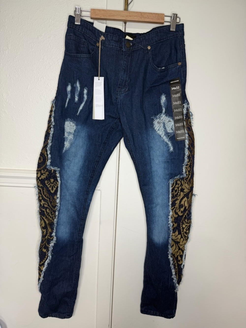 Reason Men's Dark Blue Denim Jeans with Gold Brocade Side Panels new with tag